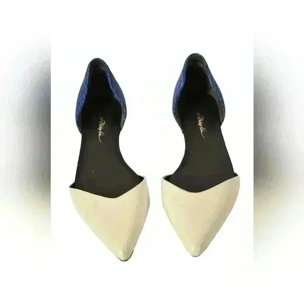 3.1 PHILLIP LIM White Blue Exotic  Embossed Leather Pointed Flats 38EU 8US - Picture 2 of 7